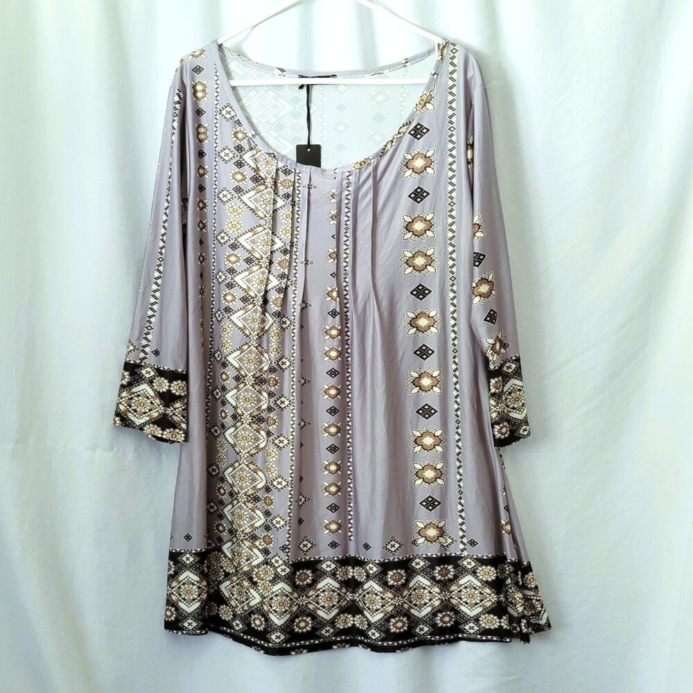 Lily by Firmiana Tunic Womens XL Scarf Print Pleated Swing Style Gray Black Tan